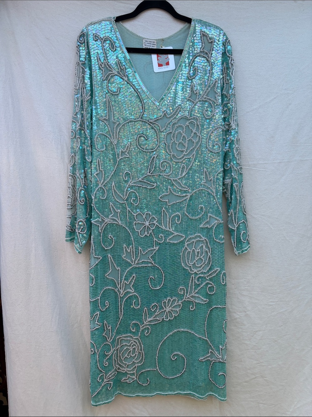 Embellished V-Neck Sequin Midi Dress in Aqua